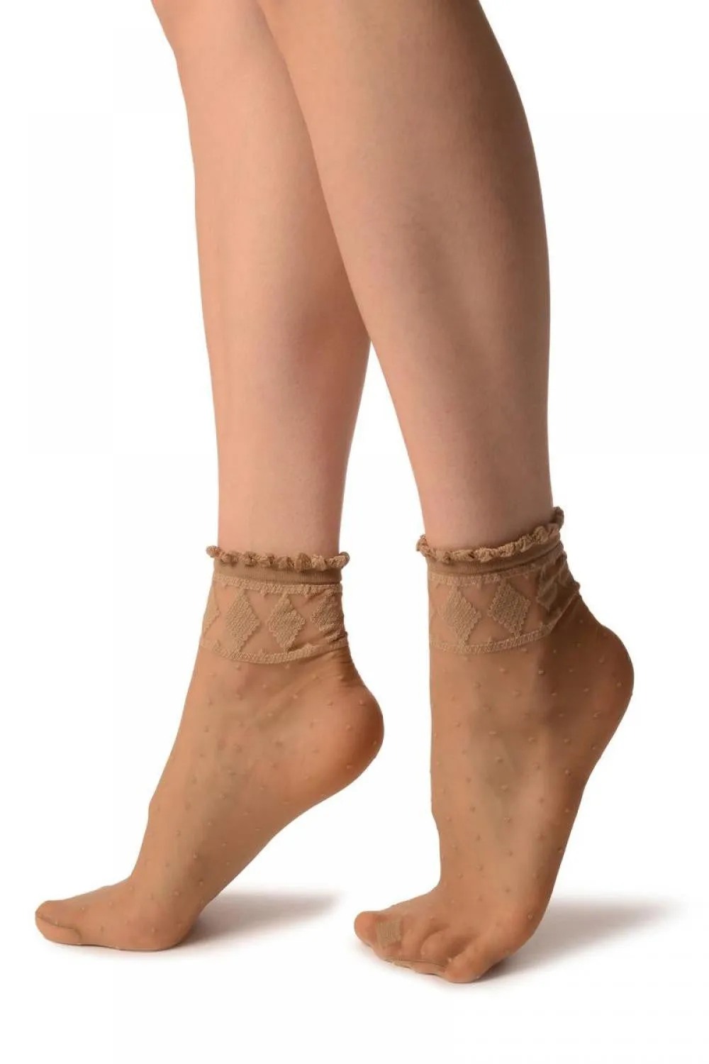 Beige With Little Dots And Diamonds Silky Comfort Top Ankle High Socks