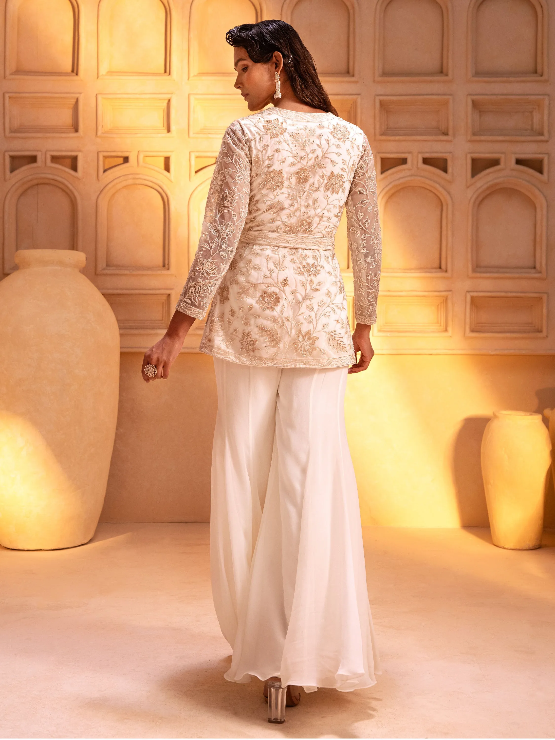 Ivory Embroidered Peplum Jacket Set