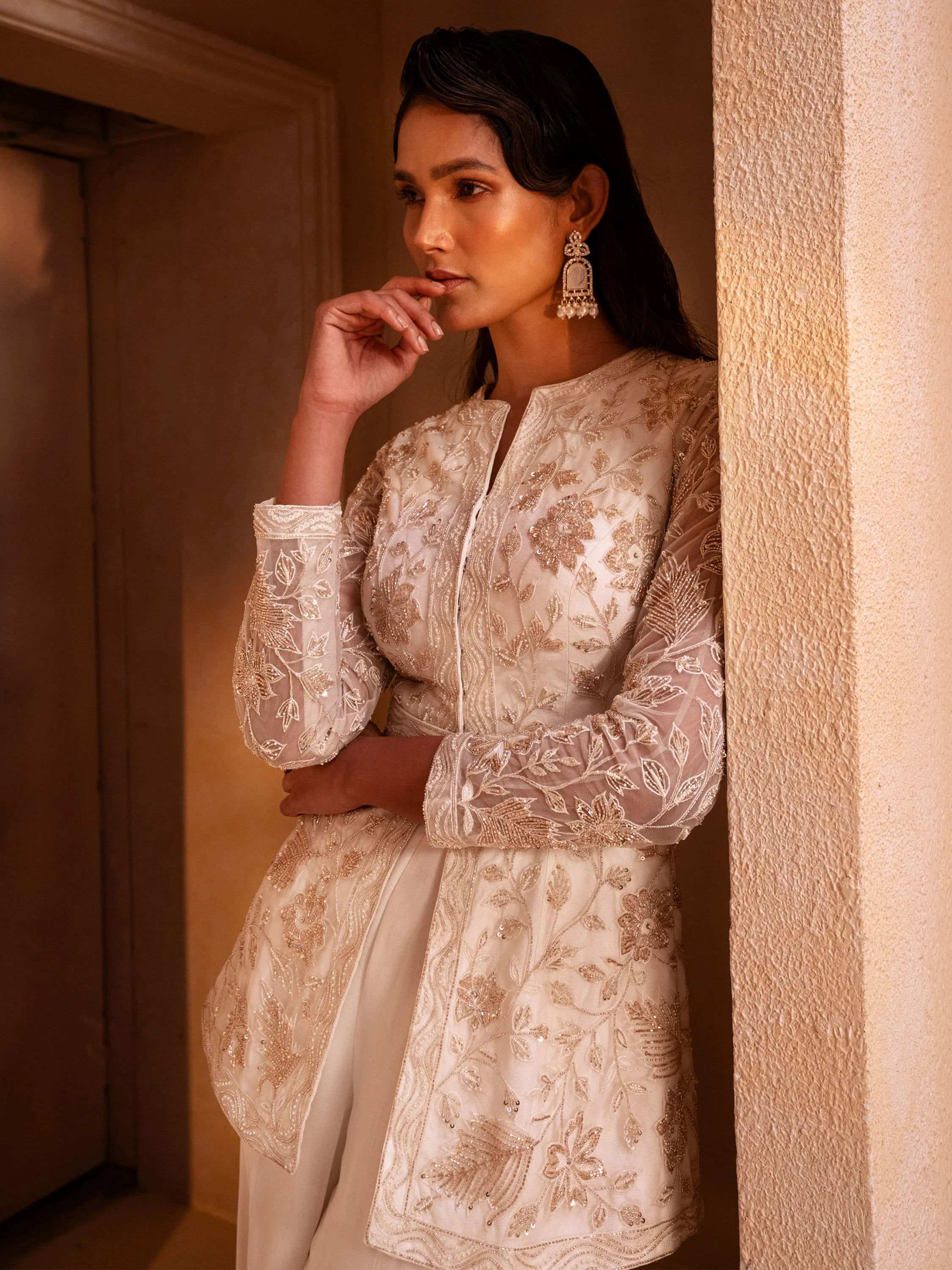 Ivory Embroidered Peplum Jacket Set