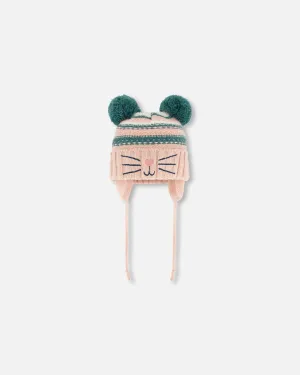 Knit Hat With Ears Light Pink Cat Face