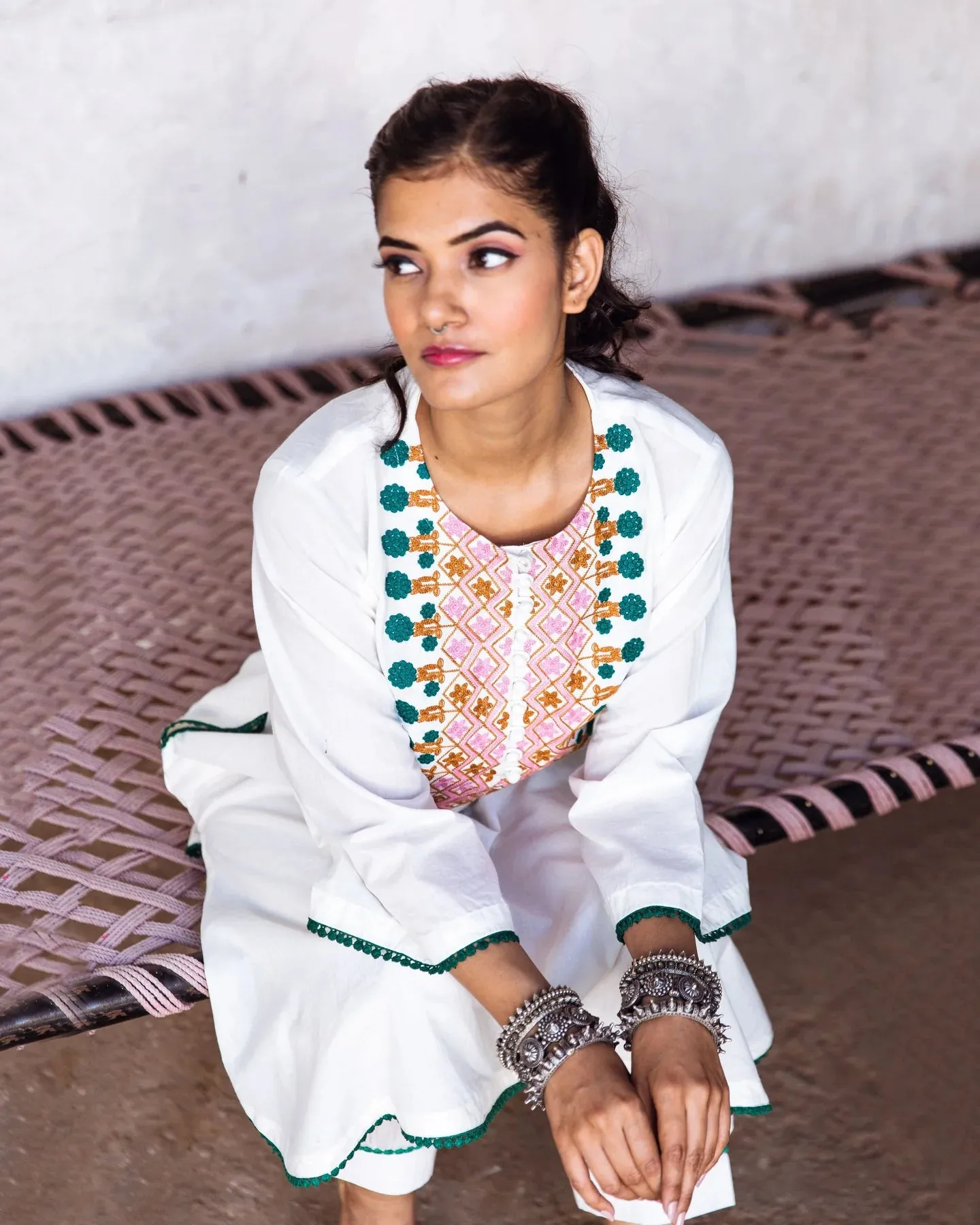 White Cotton Floral Embroidered Kurta Palazzo Set